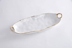 Блюдо глибоке довге White & Gold порцелянове із золотими ручками 49,5×19×6,4 см