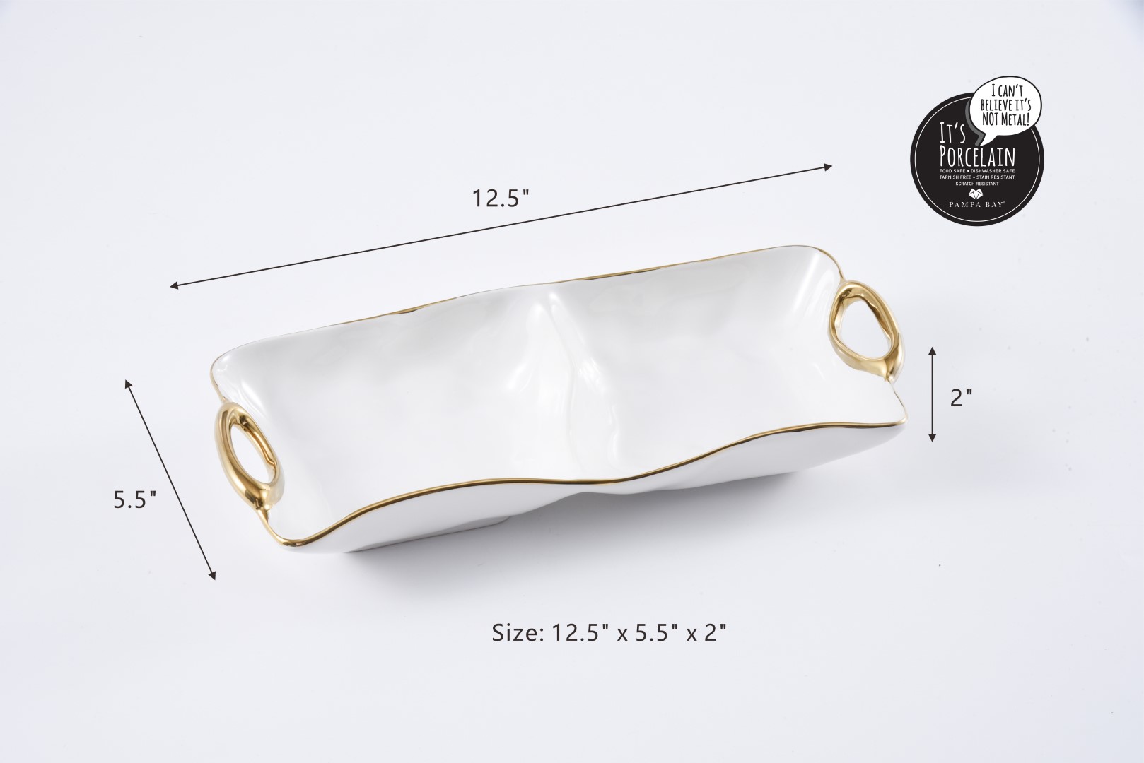 CER-2613-WG-2 cer 2613 wg 2 <p data-start="282" data-end="481">Менажниця <strong data-start="198" data-end="214">White & Gold</strong> на 2 секції — елегантний посуд для красивої подачі закусок, соусів, овочів, фруктів або десертів. Виготовлена з білосніжної порцеляни та доповнена витонченими ручками із золотим титановим покриттям. Підходить для контакту з харчовими продуктами, використання в духовці до 260 °C та миття в посудомийній машині.</p>