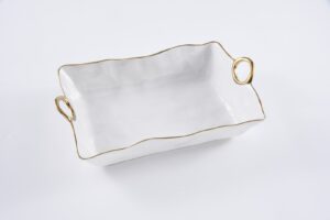 Блюдо глибоке прямокутне White & Gold порцелянове із золотими ручками 43,2×29,2×11,4 см